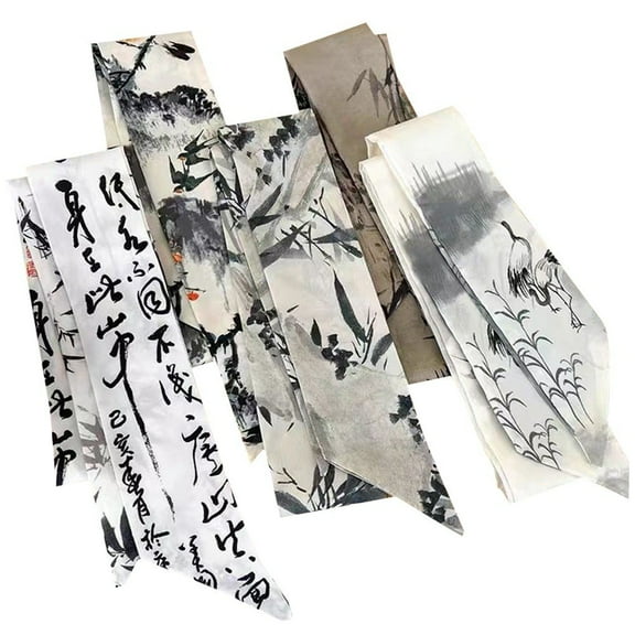 Jiibva 5 Pcs Silk Scarves for Women Narrow Long Neckerchief Chinese Style Printed Artistic Thin Scarf Hair Tie Headdress Hair Scarf Handbag Handle Ribbon