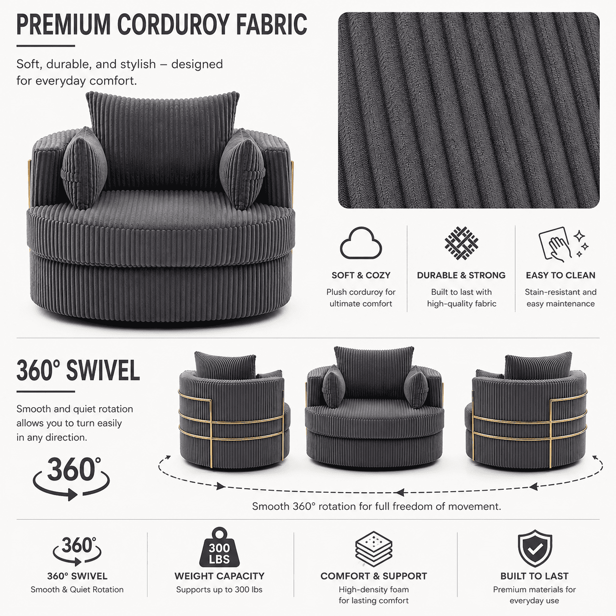MOONMISS Swivel Barrel Accent Chair with Hidden Storage,Corduroy Round Single Sofa,Gold Metal Frame,for Living Room Reading Nook,Gray
