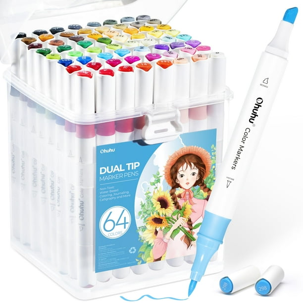 Marcadores de Colores Ohuhu 64 Colores con Punta Doble a Base de Agua