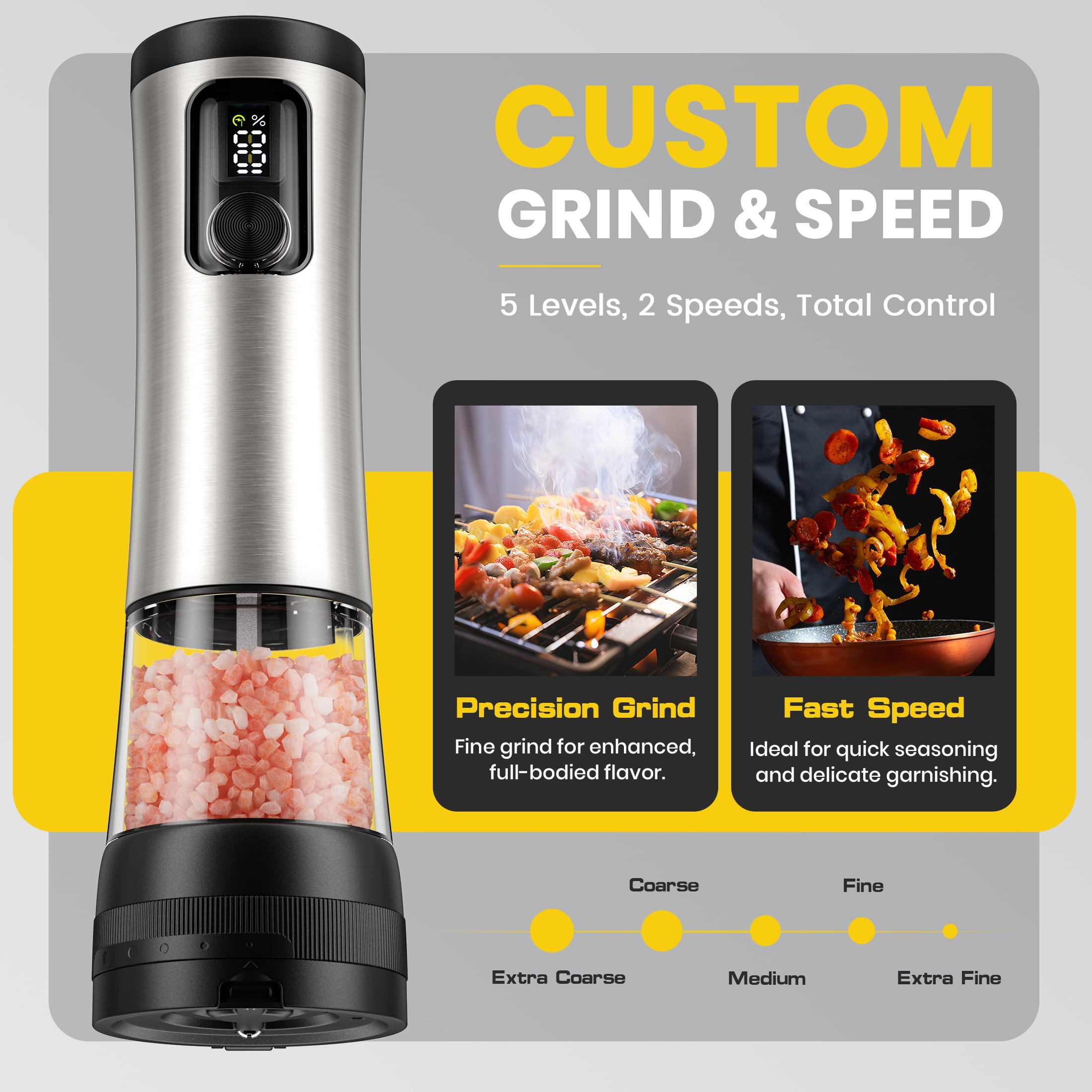 Moreblue Electric Salt and Pepper Grinder Set , Automatic Rechargeable Salt and Pepper Shaker with LED Battery Display & USB‑C Charging Base, Pepper Mill for Kitchen, Dining & Camping
