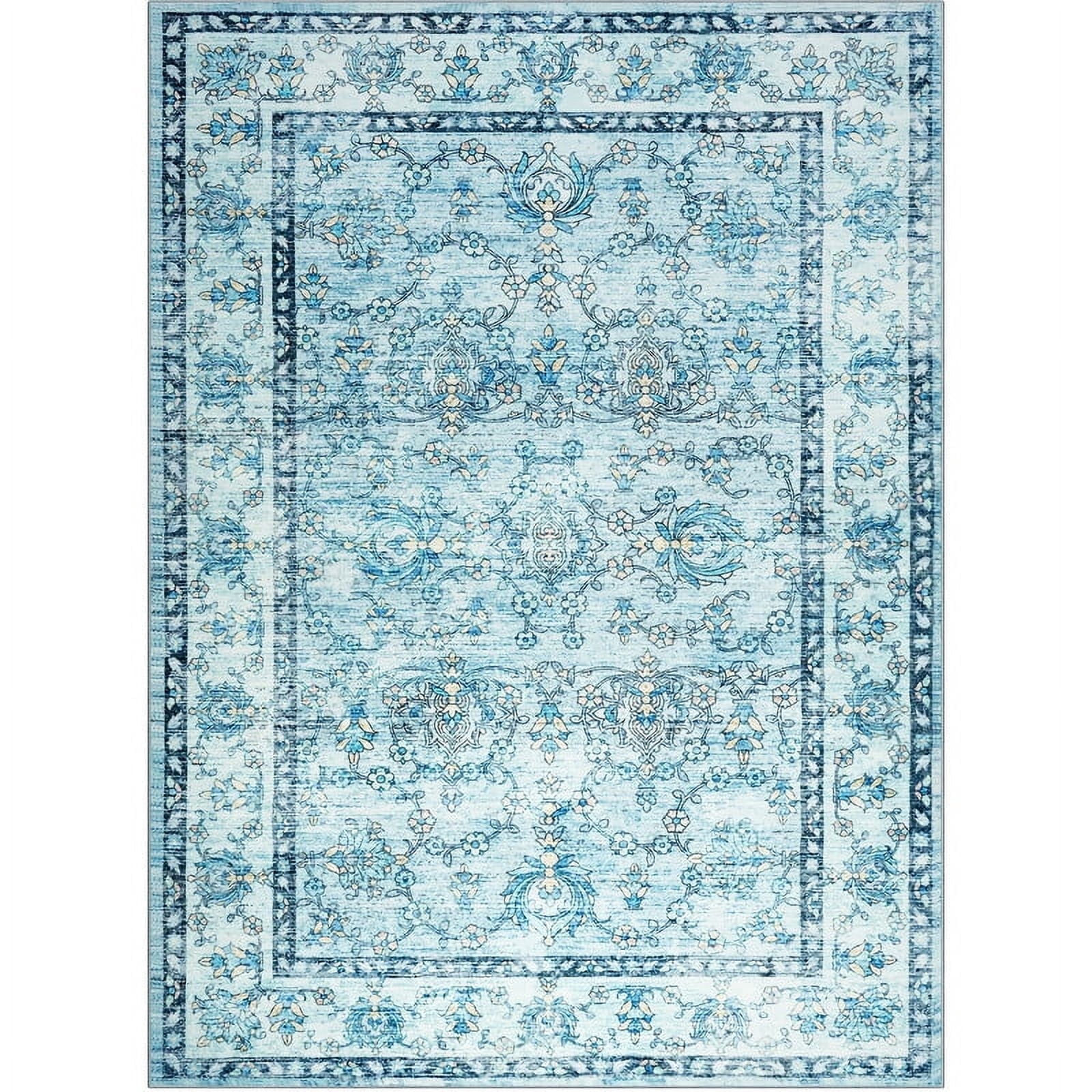 Jamfeel Washable Rugs Ultra-Thin Soft Non-slip Vintage Printed Area Rug Low-Pile Carpet for Living Room Indoor Decor 8'x10' Blue