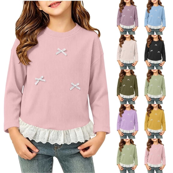 ITSAME Girls Long Sleeve T-Shirt Bow Lace Ruffle Hem Crew Neck Knit Ribbed Shirt Kids Fashion Casual Tops Yellow Size 8