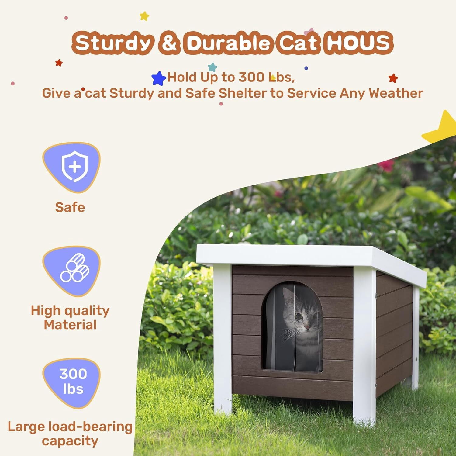 GONICHA 24 "Poly Lumber Outdoor Cat House, Weatherproof Cat Houses for Outdoor Cats, Feral Cat Shelter with Vent Plugs for Both Outdoor and Indoor - Coffee