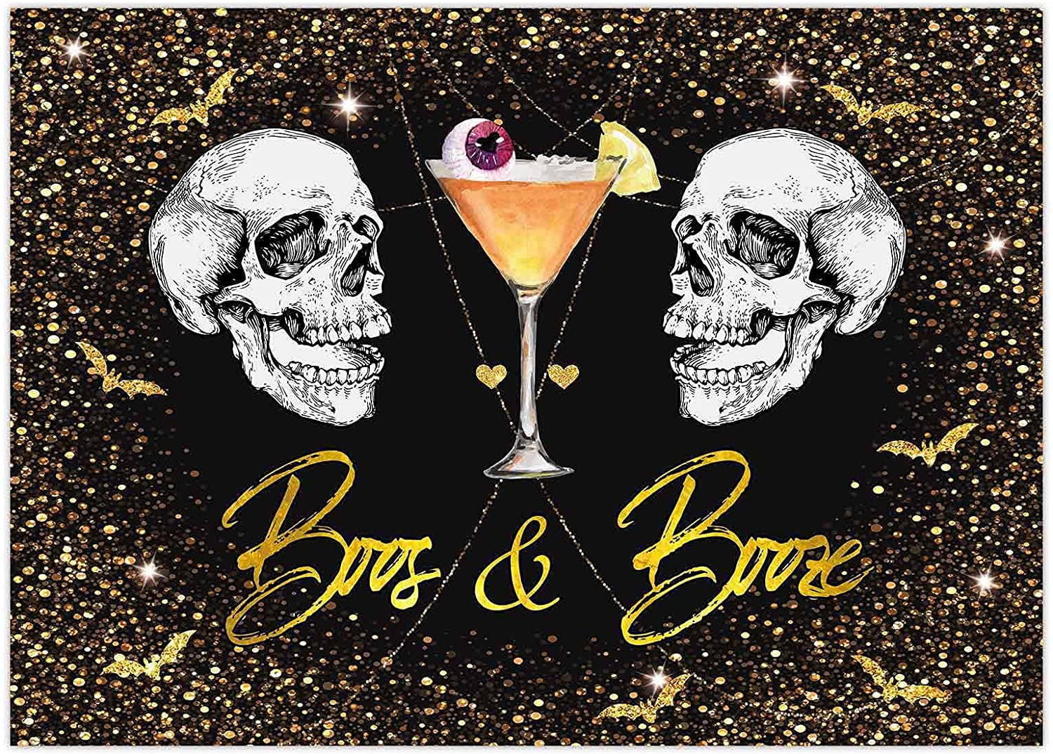 Boos & Booze Halloween Banner & Skull Garland - Black Glitter Party Decor For Haunted House