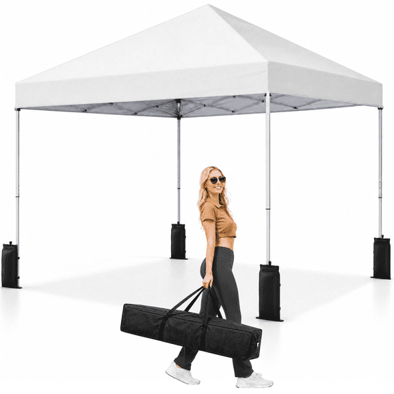 10x10 Pop Up Canopy Tent, One Push Setup, Instant Portable for Outdoor Events, Parties & Camping with 8 Stakes, 4 Ropes and Carry Bag, White