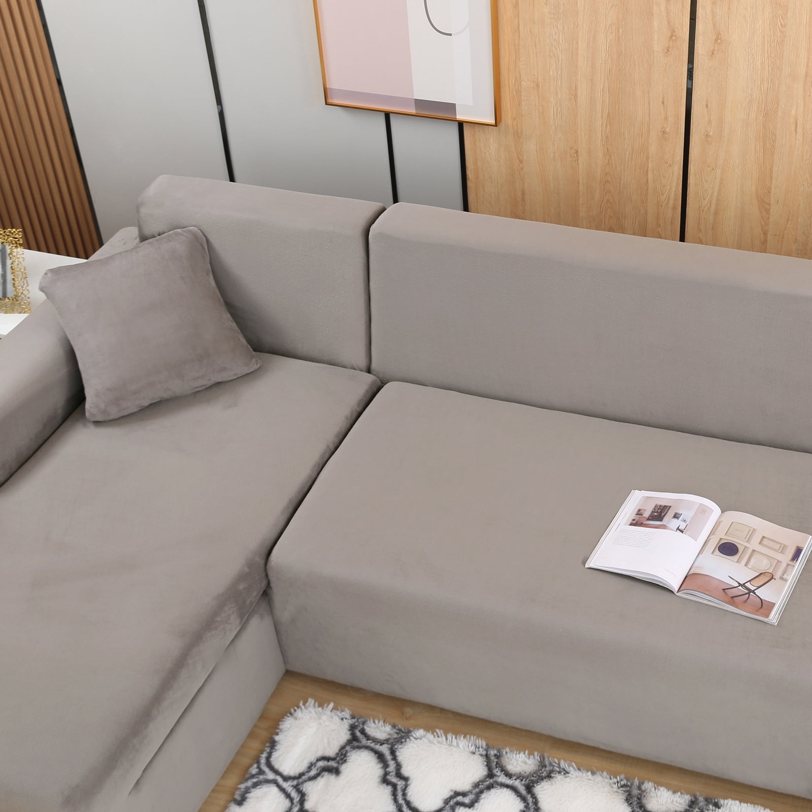 SHANNA Sectional Sofa Slipcovers Thick Velvet L Shape Couch Covers, 2Pcs Stretch Anti-Slip Sofa Covers 3 Seater + 3 Seaters Chaise Cover Furniture Protector,Light Gray