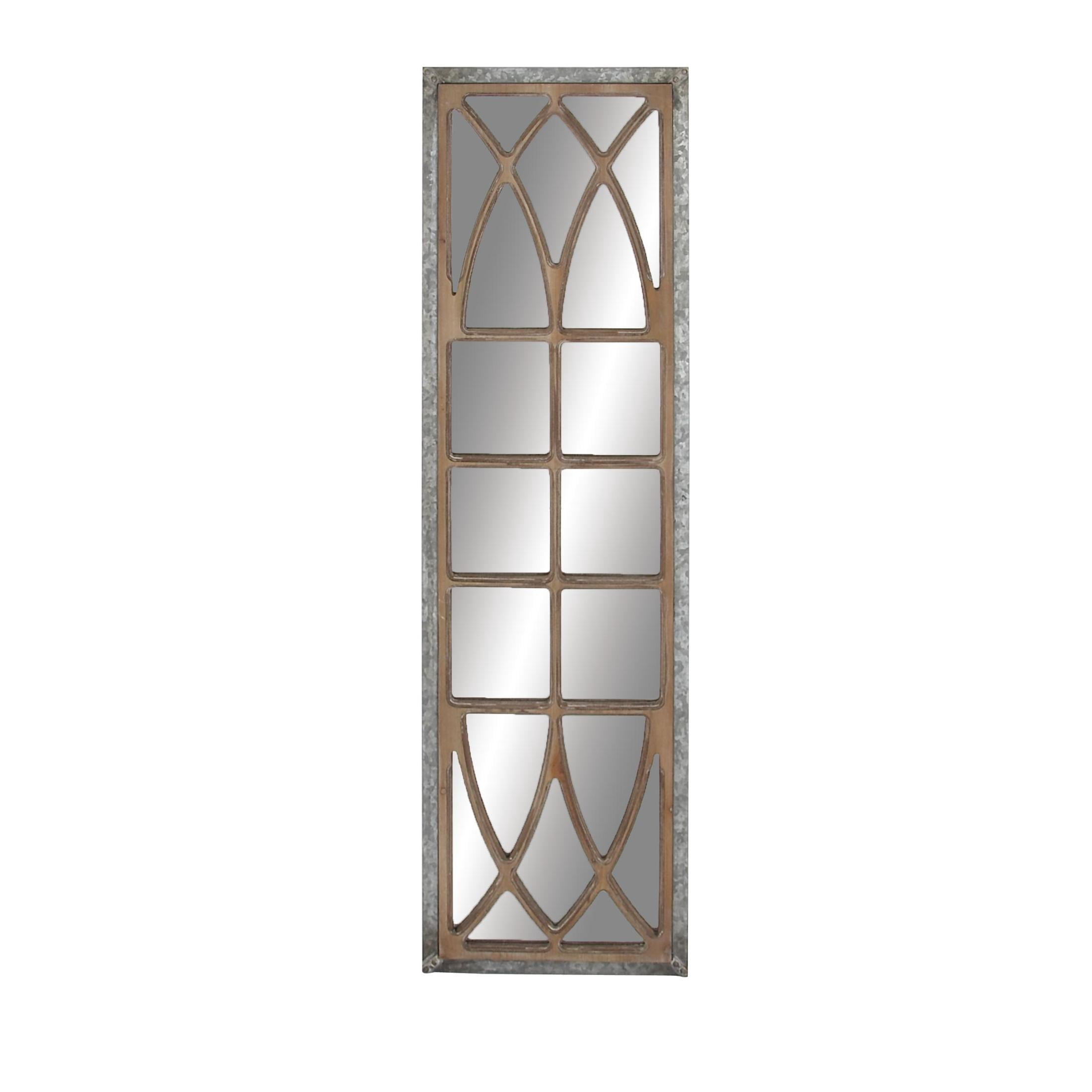 DecMode 15" x 52" Brown Window Pane Inspired Panel Geometric Wall Mirror with Galvanized Metal Frame