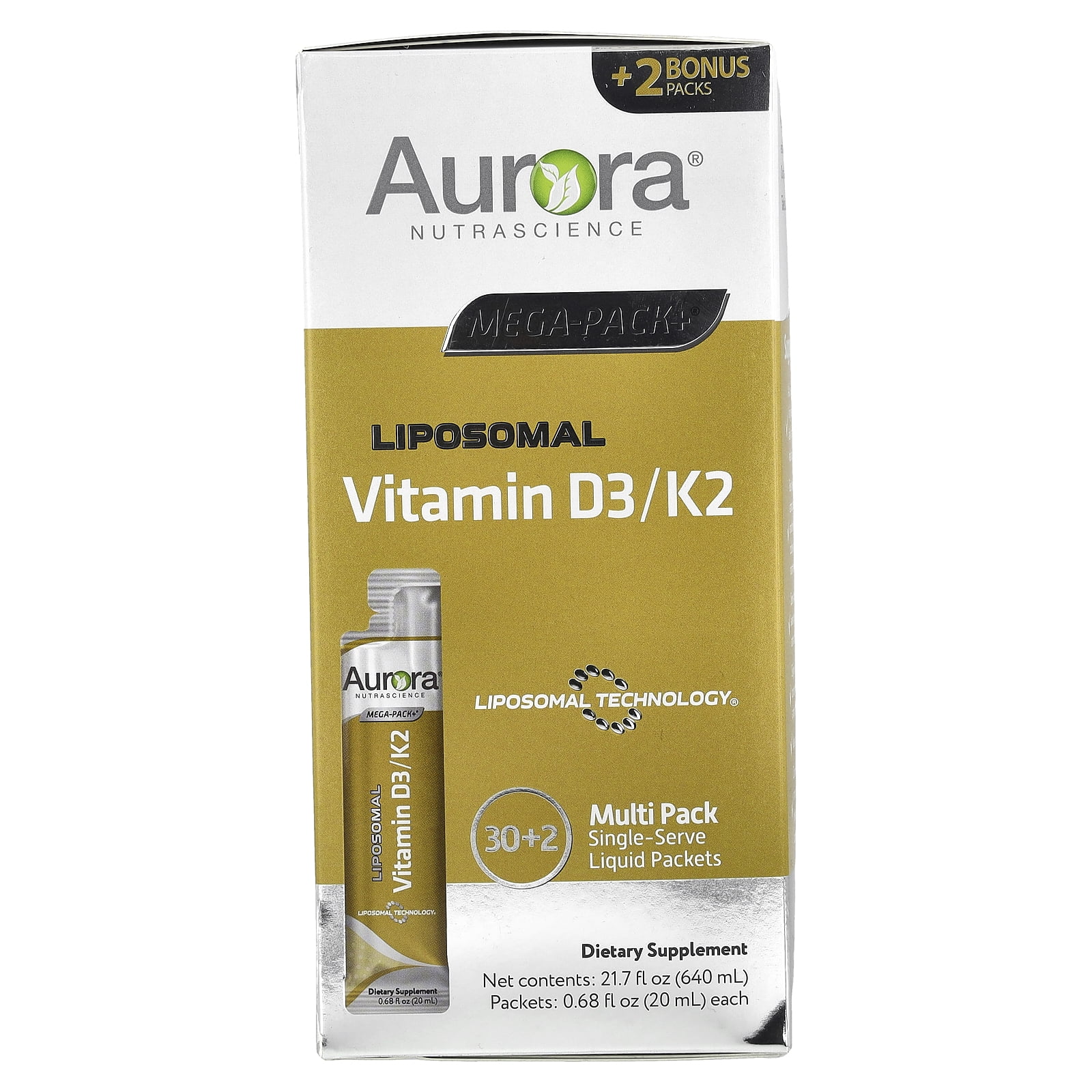 Aurora Nutrascience Liposomal Vitamin D3/K2, 32 Packets, 0.68 fl oz (20 ml) Each