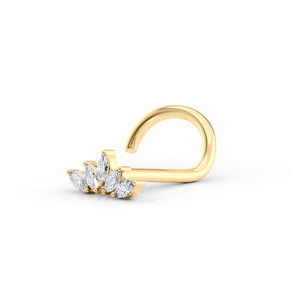 20 Gauge Curved Screw Fan Shape Cluster Nose Stud in 4k Yellow Gold Cubic With Zirconia, Nostril Piercing Jewelry