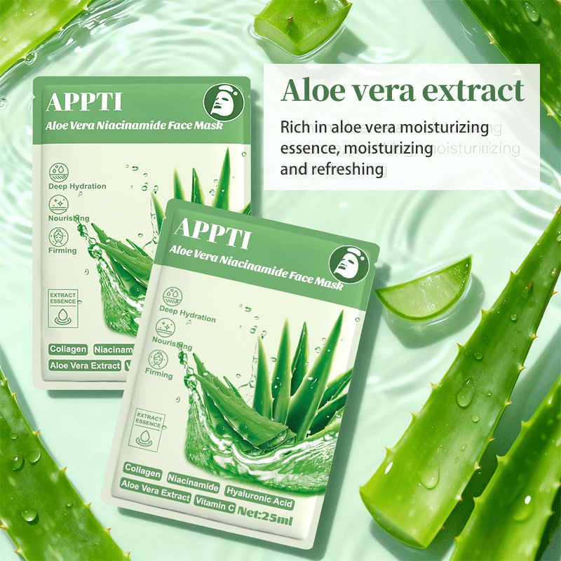 20PCS APPTI Aloe Vera Niacinamide Face Mask – Soothing & Brightening Treatment for Calming Irritation, Minimizing Pores & Balancing Tone for a Clear, Even & Hydrated Complexion.