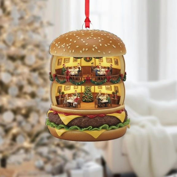 ViciArt Cheeseburger Diner Christmas Ornament – Holiday Restaurant Scene, Acrylic & Fiber Wood