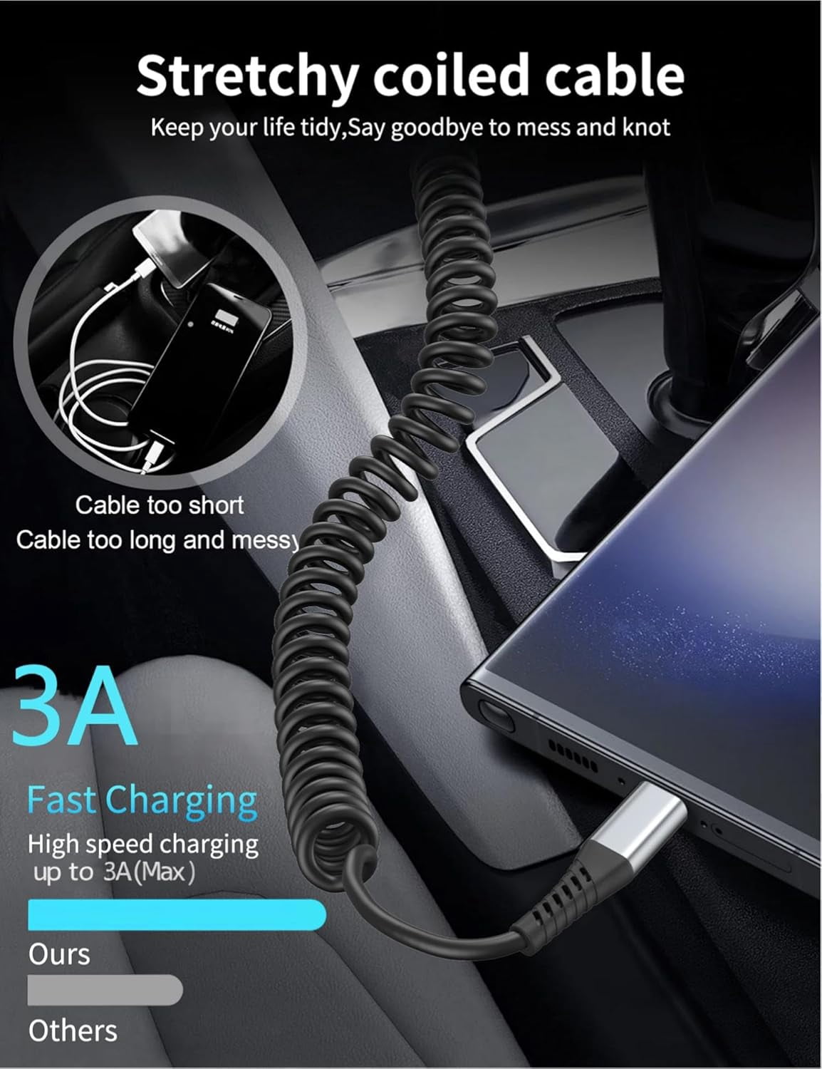 MHAWBL-Coiled USB C Cable 3ft, 2Pack USB C Charger Cord for Car, USBC to USBC Coiled Cable, USB C Car Cable Fast Charging for iPhone 17/16/15 Samsung Galaxy S25/S24/S23 Carplay
