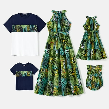 

PatPat Easter Mommy and Me Family Matching 95% Cotton Allover Tropical Plant Print Halter Midi Dresses Short-sleeve Colorblock Tee