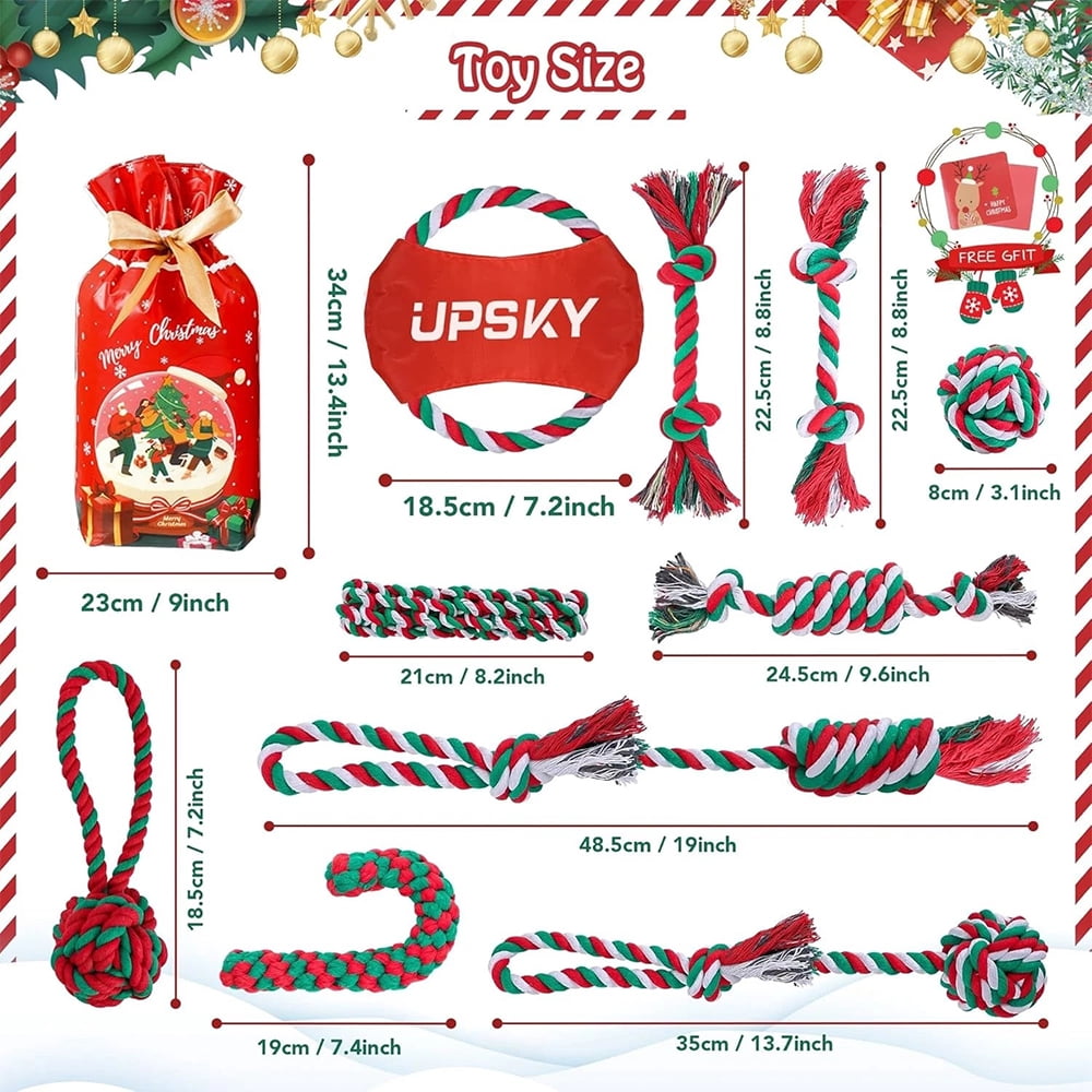 UPSKY 10Pack Christmas Dog Rope Toys Sturdy Interactive Puppy Chew Toys for Dogs Teething Training