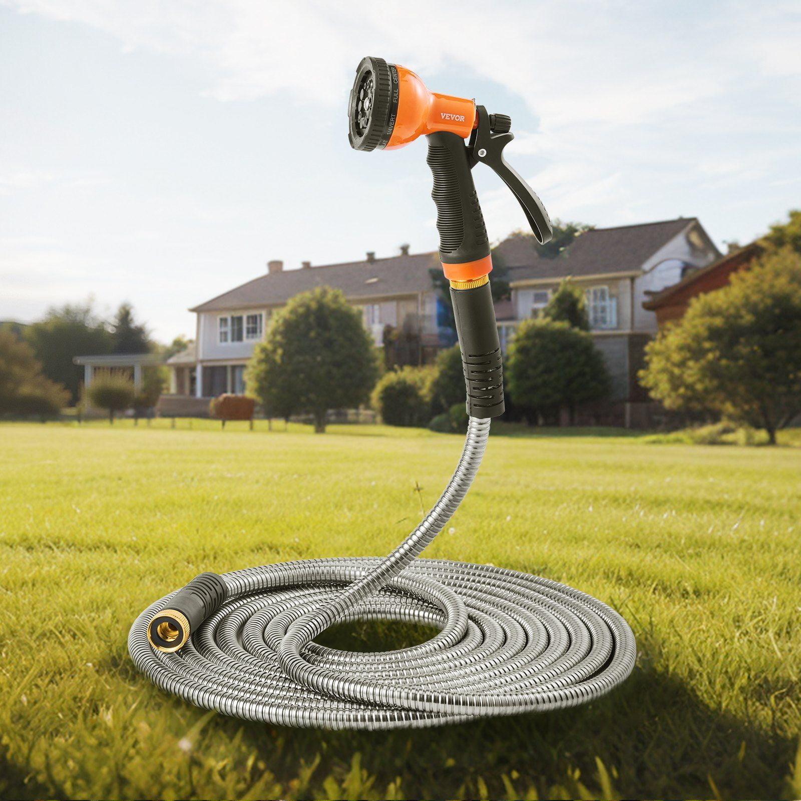 Heavy Duty Metal Garden Hose 25ft - 10 Function Nozzle, Rust-Proof Flexible Water Hose, Lightweight for Outdoor Gardening