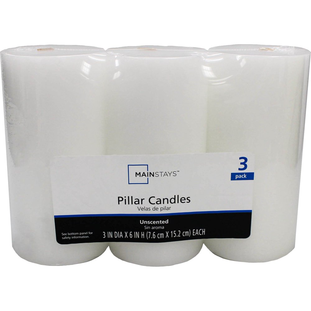 Mainstays Unscented Pillar Candles, 3pack, White (3x6 inches), Burn