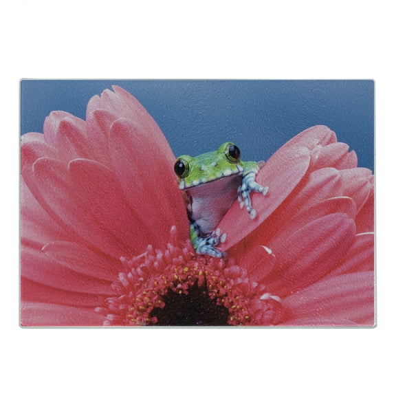 Animal Cutting Board, Tiny Little Tree Frog on Gerbera Flower Nature Moments Shoots Art, Decorative Tempered Glass Cutting and Serving Board, Small Size, Pink Green Blue, by Ambesonne