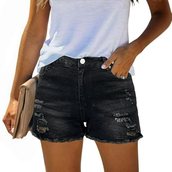 Mlqidk Women's Ripped Denim Shorts Mid Rise Cut Off Stretchy Jean Shorts Curvy Trendy Hot Short Pants with Pockets Black XL