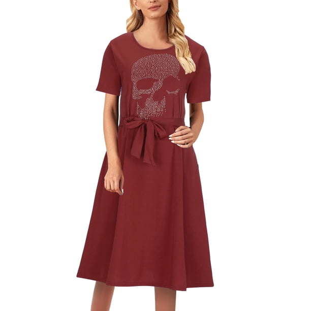 Vestido maxi casual de verano para mujer Cuello redondo Cráneo Cremallera Manga corta Vestido de playa Vestido largo Fridja bnh2104