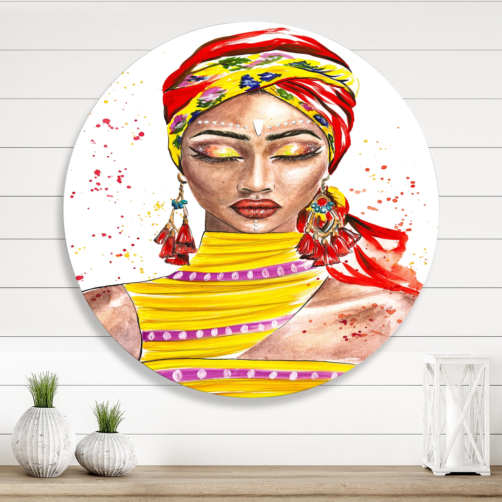 Designart 'Exotic Colorful Portrait of Afro American Woman' Traditional Circle Metal Wall Art 23x23 - Disc of 23