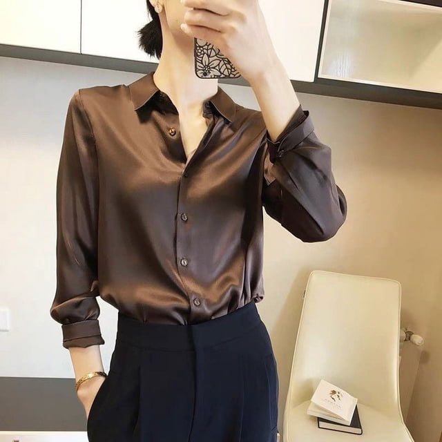 Camisas y blusas con acabado satinado que combinan con todo para mujer, Top informal OL de manga larga con botones, camisas elegantes, blusas francesas sólidas