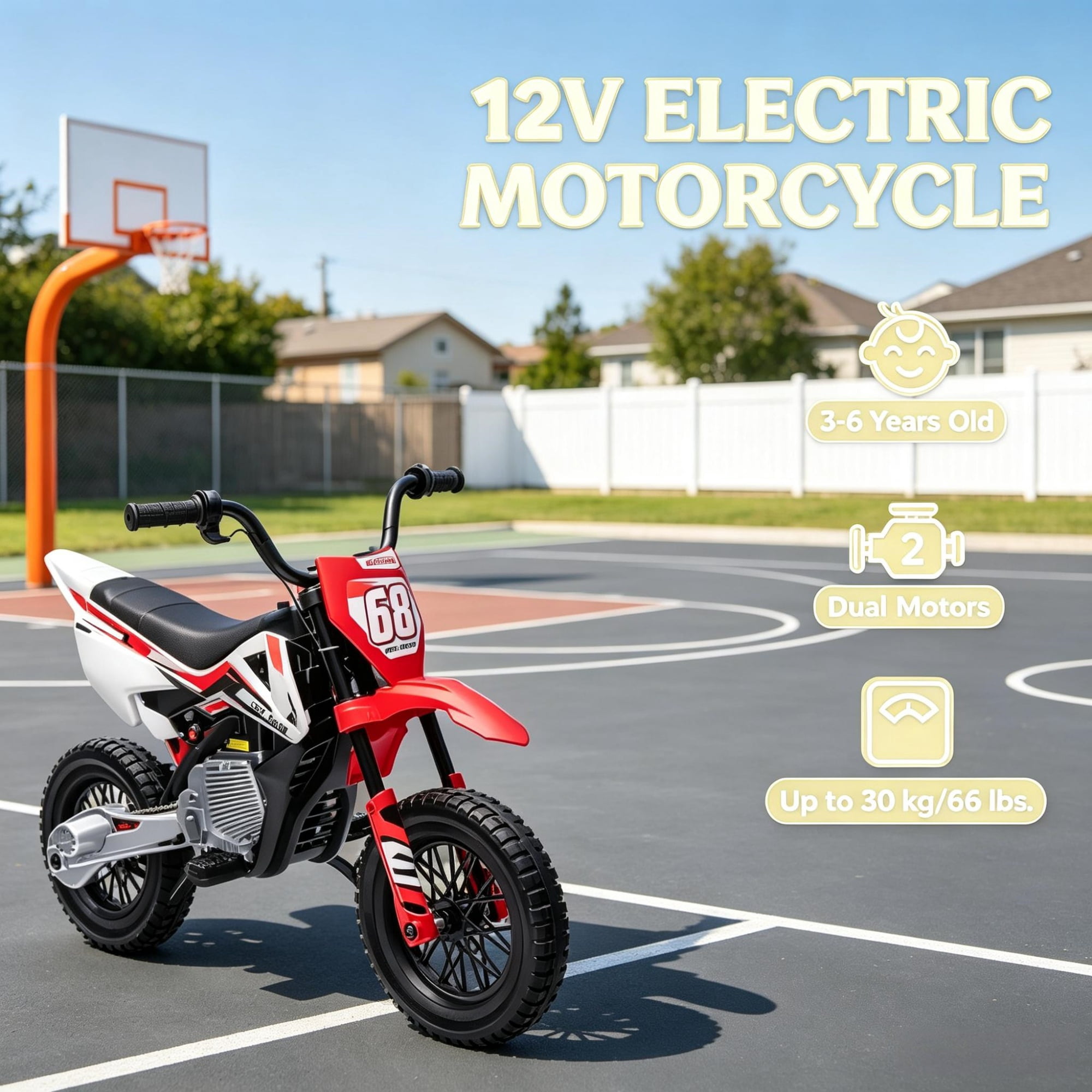 12V Kids Electric Motorcycle, Twist Handle Throttle, Safety Training Wheels, Rear Suspension System, Music Playback, Red