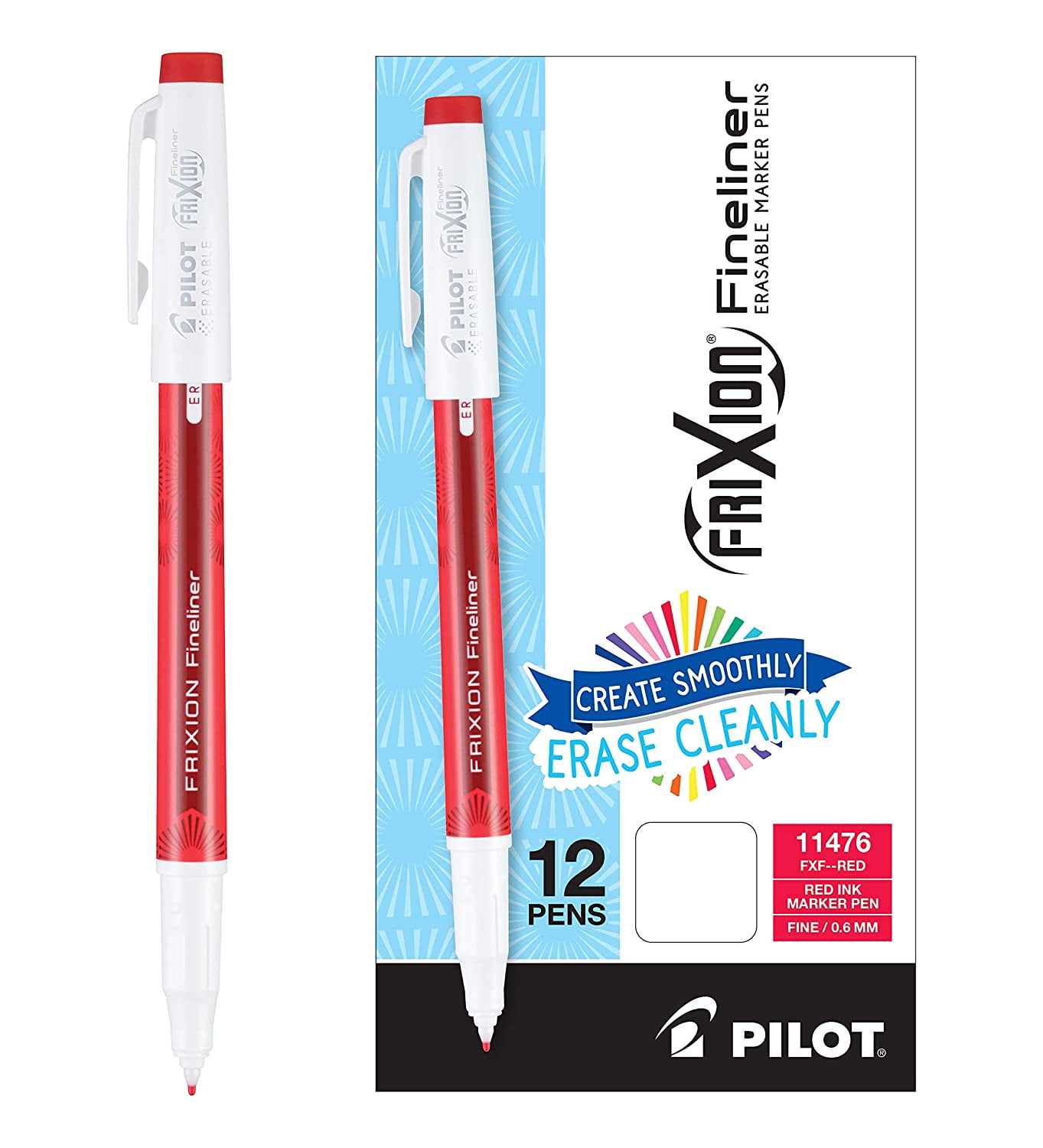 Pilot FriXion Fineliner Erasable Marker Pen, Fine Point, 0.6mm, Red, 12 Count
