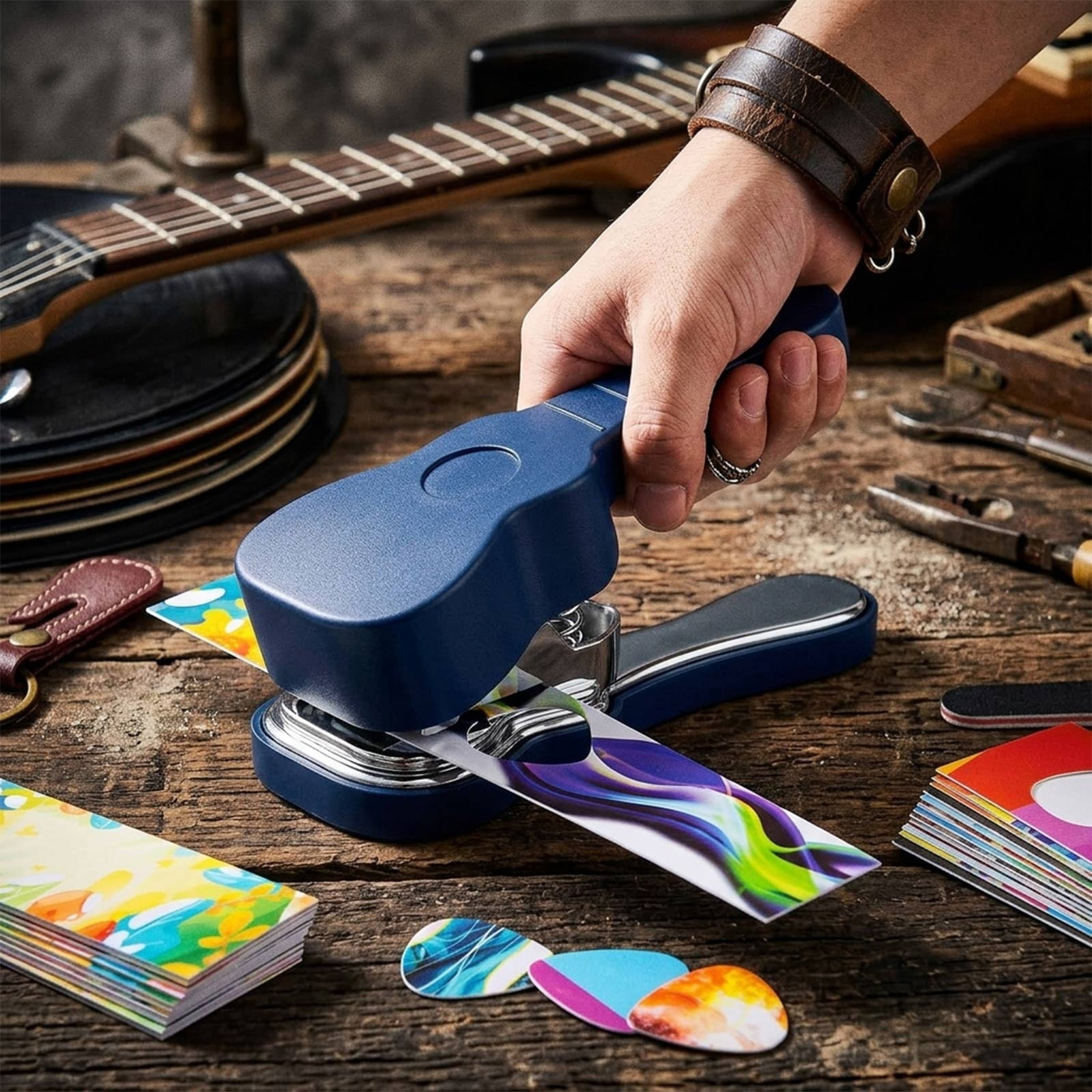 Guitar Pick Punch Kit gift- DIY Guitar Pick Maker, Includes 6 pick strips and a pick file, Leather Key Chain Pick Holder,Easy use unique Gift for Guitar Lovers