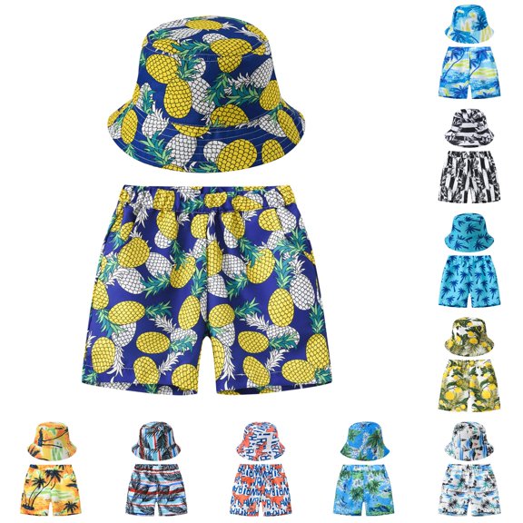 AWZXDE Kids Summer Fashion Printed Beach Shorts with Bucket Hat Casual Swim Set