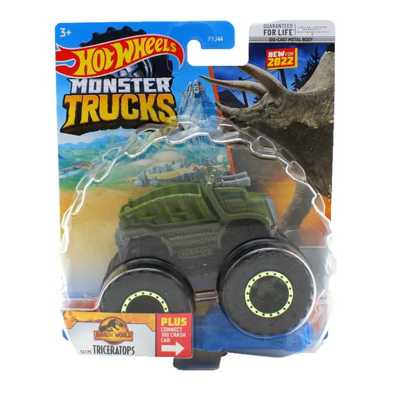Hot Wheels Monster Trucks 1:64 Scale Jurassic World Triceratops, Includes Connect & Crash Car
