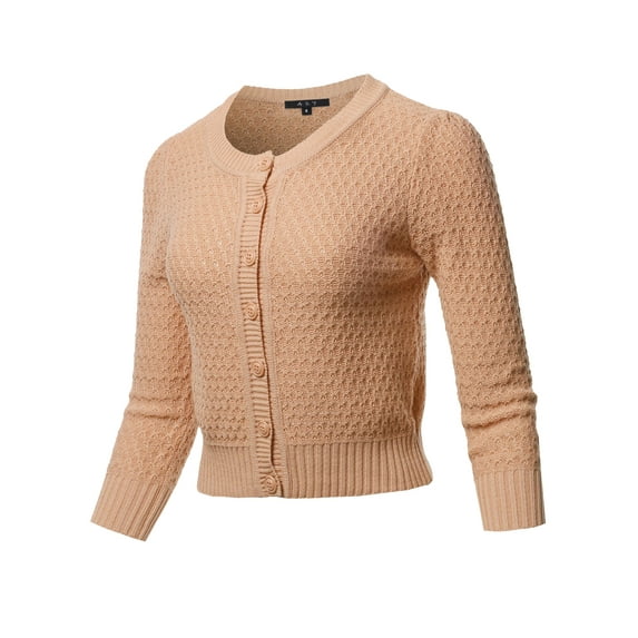A2Y Women's Solid Cropped 3/4 Sleeve Button Down Crew Neck Knit Cardigan Sweater Tan XL