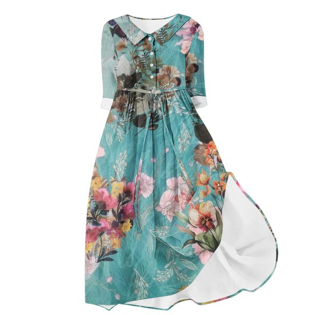 Vestido de Verano para Mujeres Impreso Cuello de Vuelta de Manga de Tres Cuartos, Estilo de Ocio de Moda para Ocasional, Fiesta Y Vacaciones