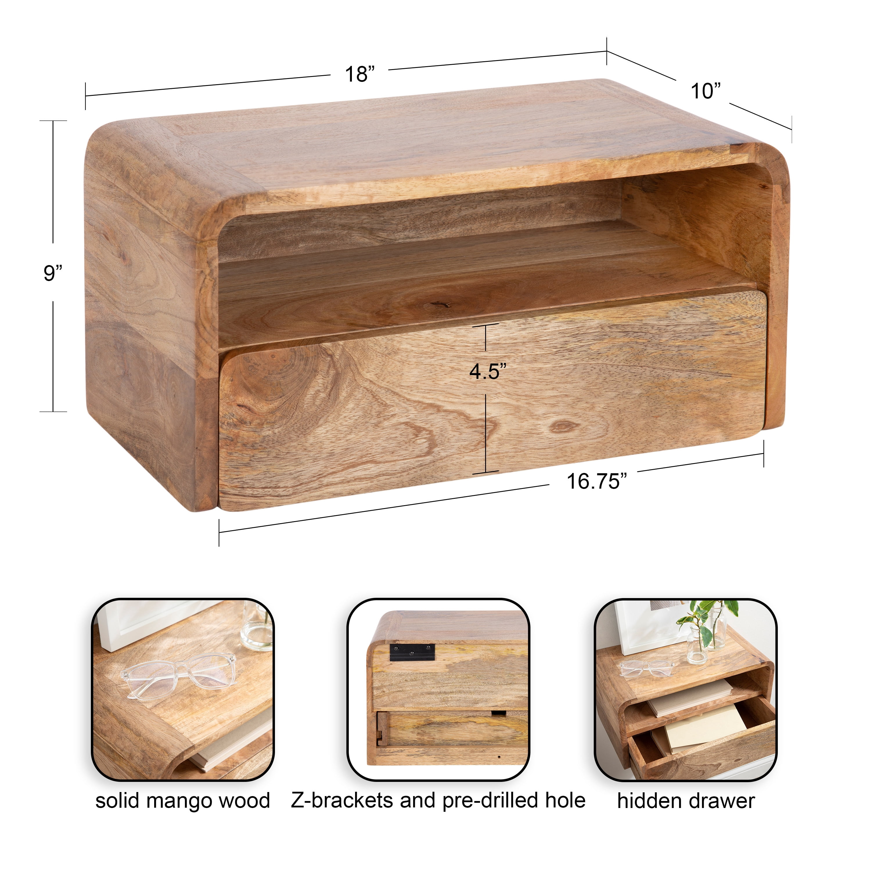 Kate and Laurel Kato Transitional Wood Floating Side Table with Drawer, 18 x 10 x 9, Natural Brown, Modern Wooden Floating Nightstand for Bedroom Bedside Table