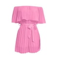 thumbnail image 5 of YeJammarp Chiffon Flowy Short Jumpsuits Womens Dressy Casual Off The Shoulder Pleated Romper Shorts with Belt Summer (S, Pink), 5 of 6