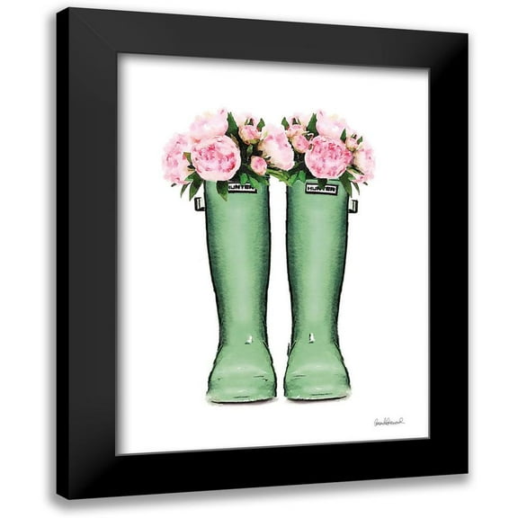 Greenwood, Amanda 12x14 Black Modern Framed Museum Art Print Titled - Green Rain Boots with Peony