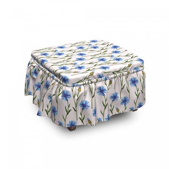 Floral Ottoman Cover, Pattern of Cornflowers Field, 2 Piece Slipcover Set with Ruffle Skirt for Square Round Cube Footstool Decorative Home Accent, Standard Size, Blue Green, by Ambesonne