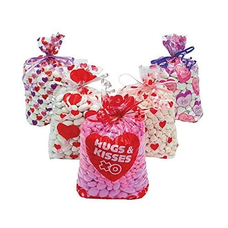 Fun Express Valentine Cello Bag Assortment (60 Pieces) Valentines Day Party Supplies, Cellophane Bags, Classroom Party Supplies