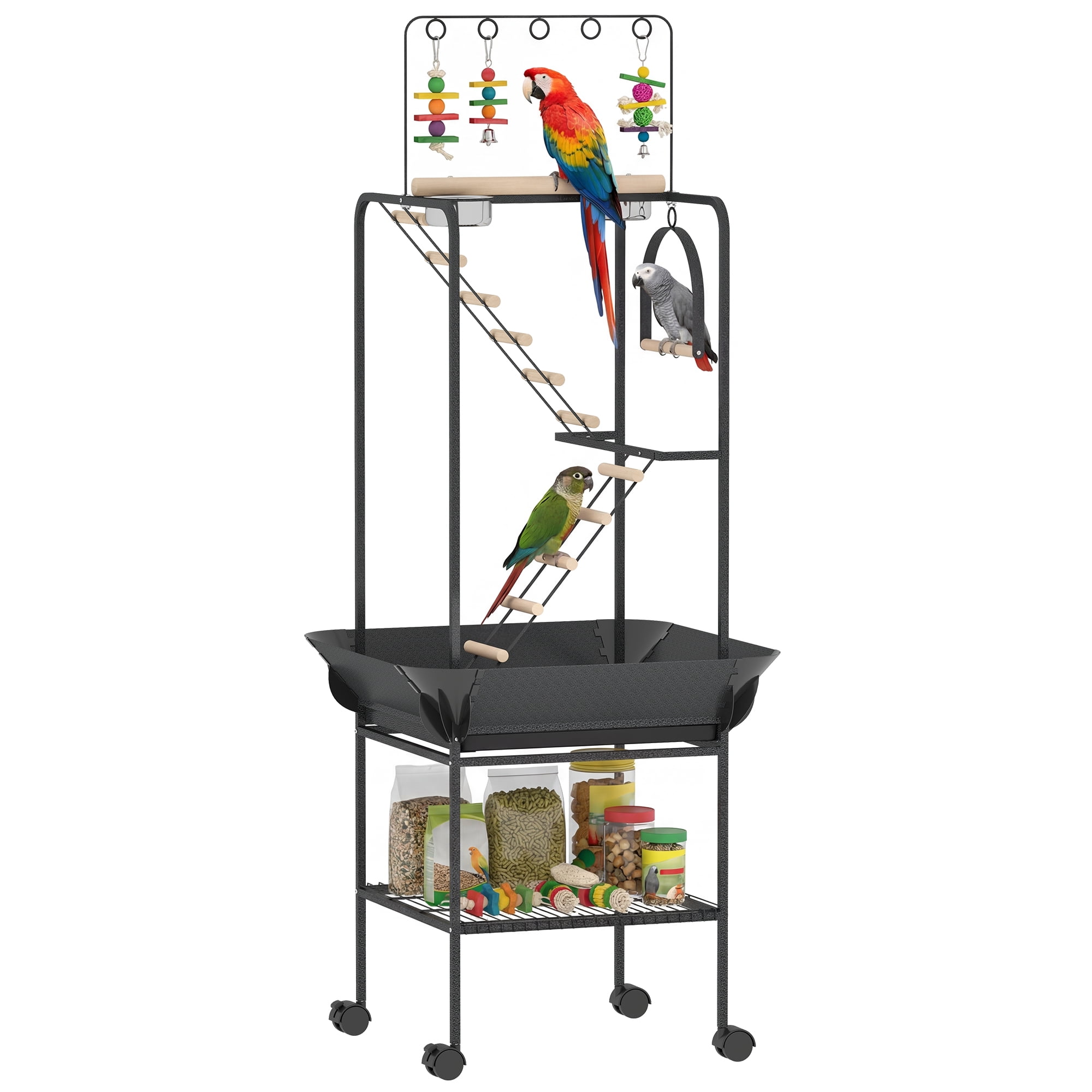 PawHut 64"H Rolling Bird Stand Parrot Playstand with Seed Guard & Wheels, Ladders, Swing, Toy Hook & Bowls, for Cockatiels, Conures, Parakeets