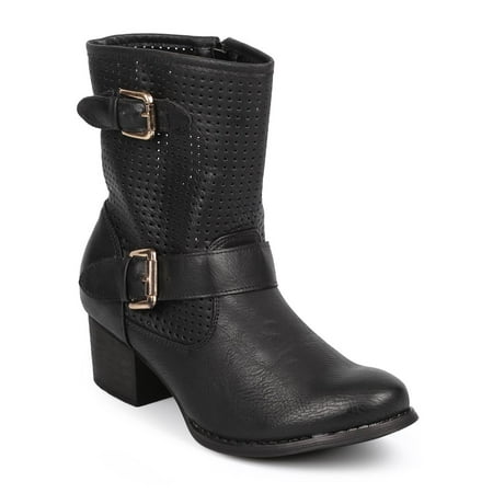 

New Women Liliana Norman-3 Hollow Leatherette Round Toe Buckle Strap Riding Boot