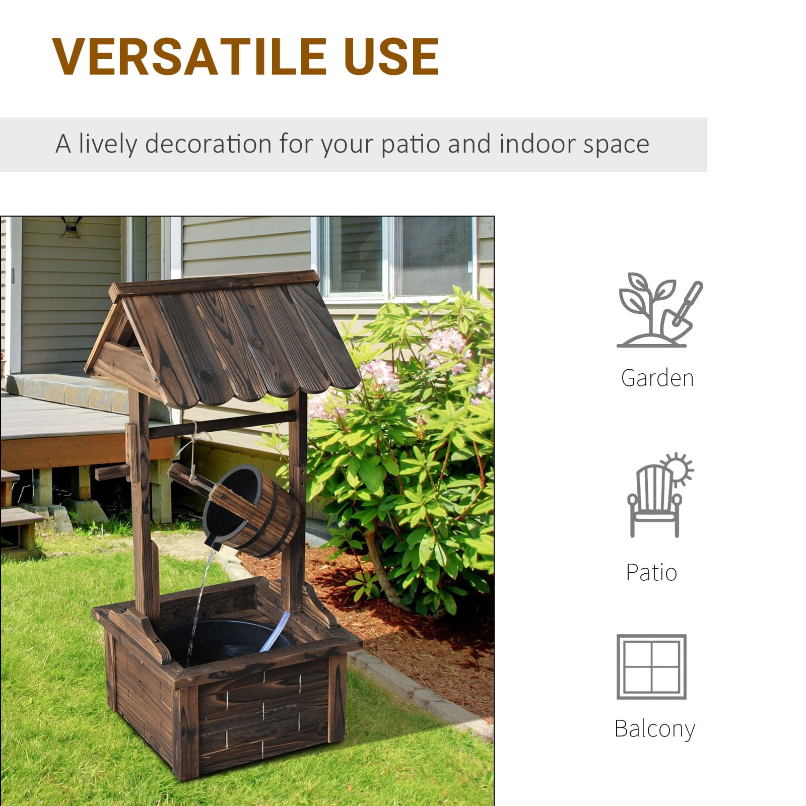Outdoor Wooden Wishing Well Fountain with Adjustable Water Flow Rate, Rustic Waterfall Fountain, Carbonized Finish
