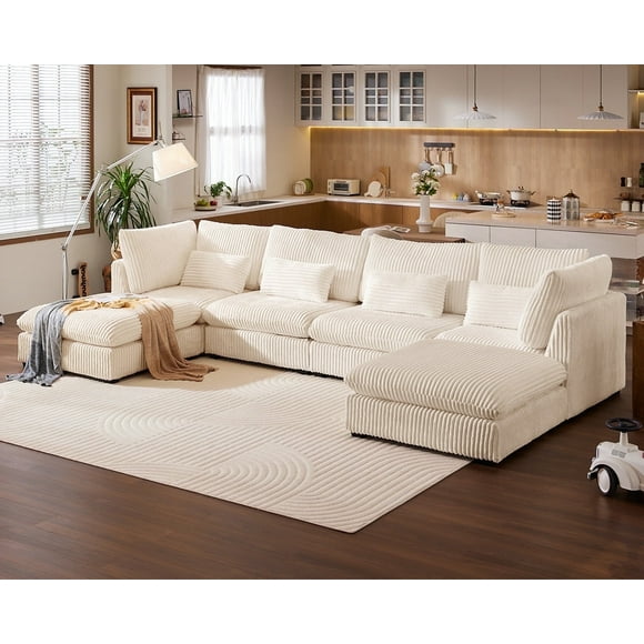 CHIC HOUSE Oversized Modular Sofa,Extra Deep Cloud Corduroy Sectional Couch with Ottoman Chaise,FSC Certified Fluffy Chenille Loveseat L Sofa for Living Room,Villa