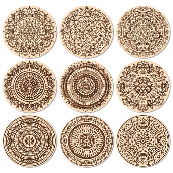 Coasters Set of 9 Line Drawing Mandala Pattern Colorful Wooden Coasters Bulk Round Housewarming Gift