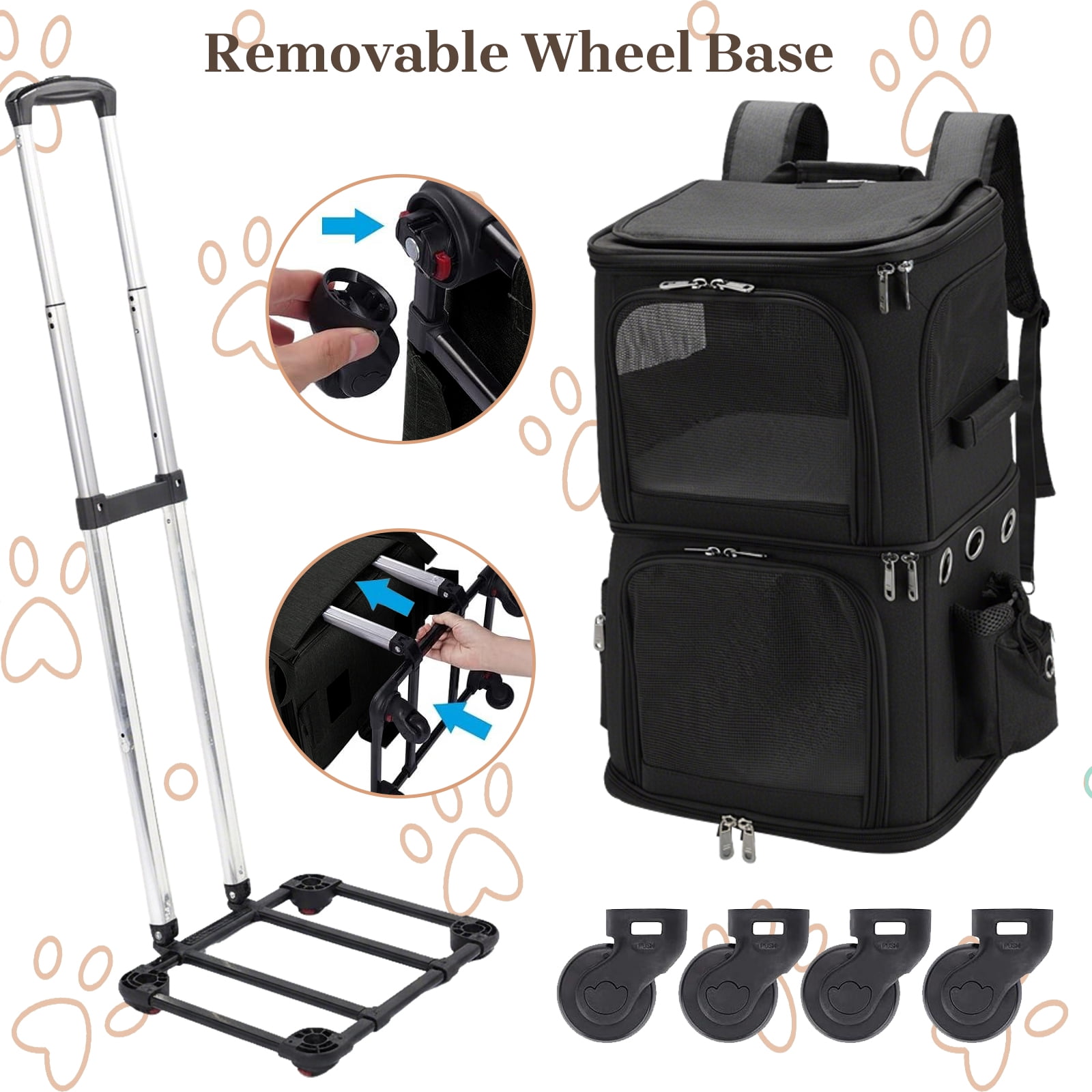 ManyFun Extra Large Double-Compartment Pet Carrier Backpack with Wheels for Small Dogs and Cats, Cat Rolling Carrier for 2 Cats, Perfect for Traveling/Taking a Walk/Trips to The Vet, Black