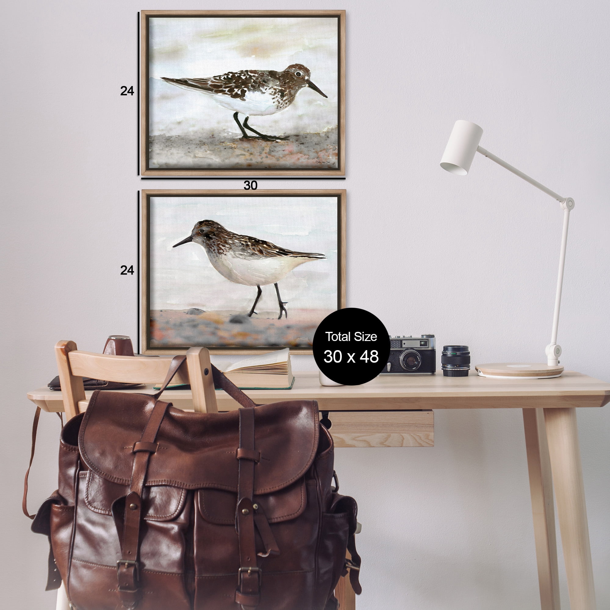 Stupell Industries Sandpipers on Coast Nautical Beach Animals & Insects Painting Brown Floater Framed Canvas Art Print Wall Art, 31 x 25, Set of 2