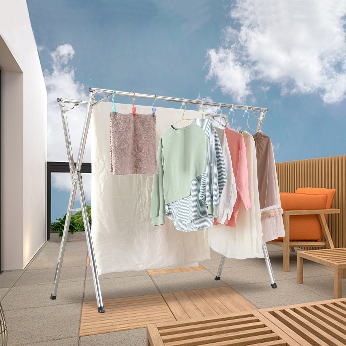 Untyo Clothes Drying Rack 79 Inches, Laundry Drying Rack Adjustable Folding Hanger Rack for Indoor Outdoor Stainless Steel