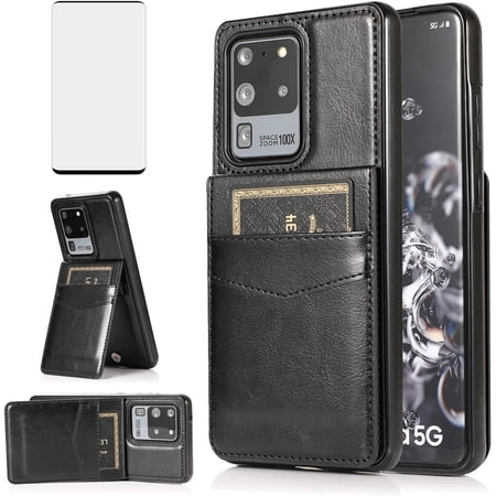 Phone Case for Samsung Galaxy S20 Ultra Glaxay S20ultra 5G with Tempered Glass Screen Protector Credit Card Holder Wallet Cover Stand Leather Cell Gaxaly 20S S 20 A20 20ultra G5 Cases Women Men Black
