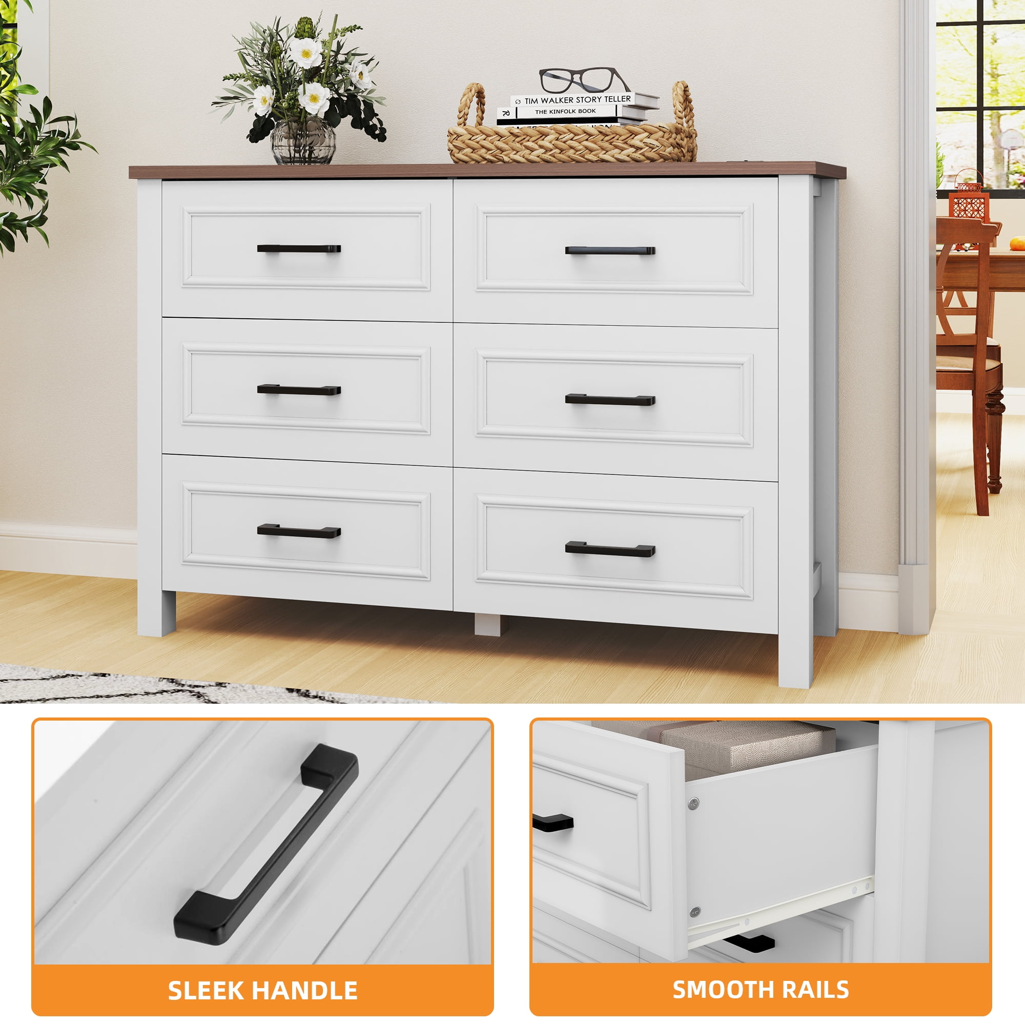 Uforic 6-Drawer Wooden Dresser TV Stand with Power Outlet, Drawers and Handles, for Living Room, Bedroom, White & Walnut