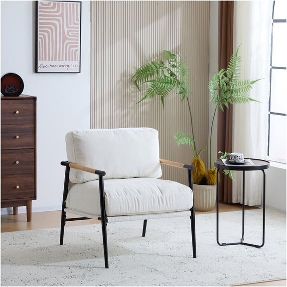 JERFIT Modern Accent Chair with Wooden Armrests, Plush Beige Upholstered Office Chair, Minimalist Metal Frame for Living Room, Bedroom