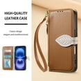 thumbnail image 4 of For iPhone 17 Wallet Phone Case,PU Leather Flip Fold Kickstand,With Wrist Strap+Shoulder Strap,Card Holder,Zipper Pocket,Leaf Design Magnetic Closure Shockproof Durable Phone Case,Brown, 4 of 14