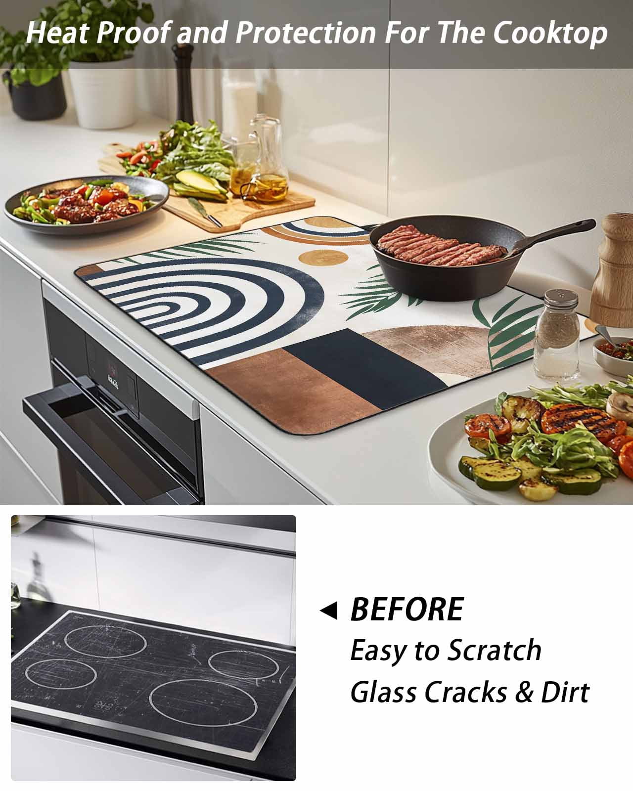 Stove Top Covers for Electric Stove, Abstract Boho Glass Stovetop Cover Protector, Bohemian Palm Leaf Geometric Leaf Circle Induction Cooktop Protector Oven Mat for Kitchen Countertop 24"x21"